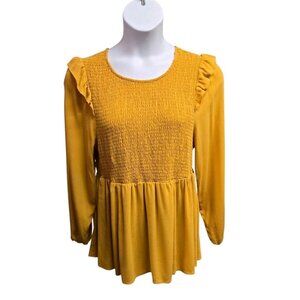 Torrid Womens Size 1 Mustard Yellow Smocked Babydoll Peplum Top Ruffle Accent